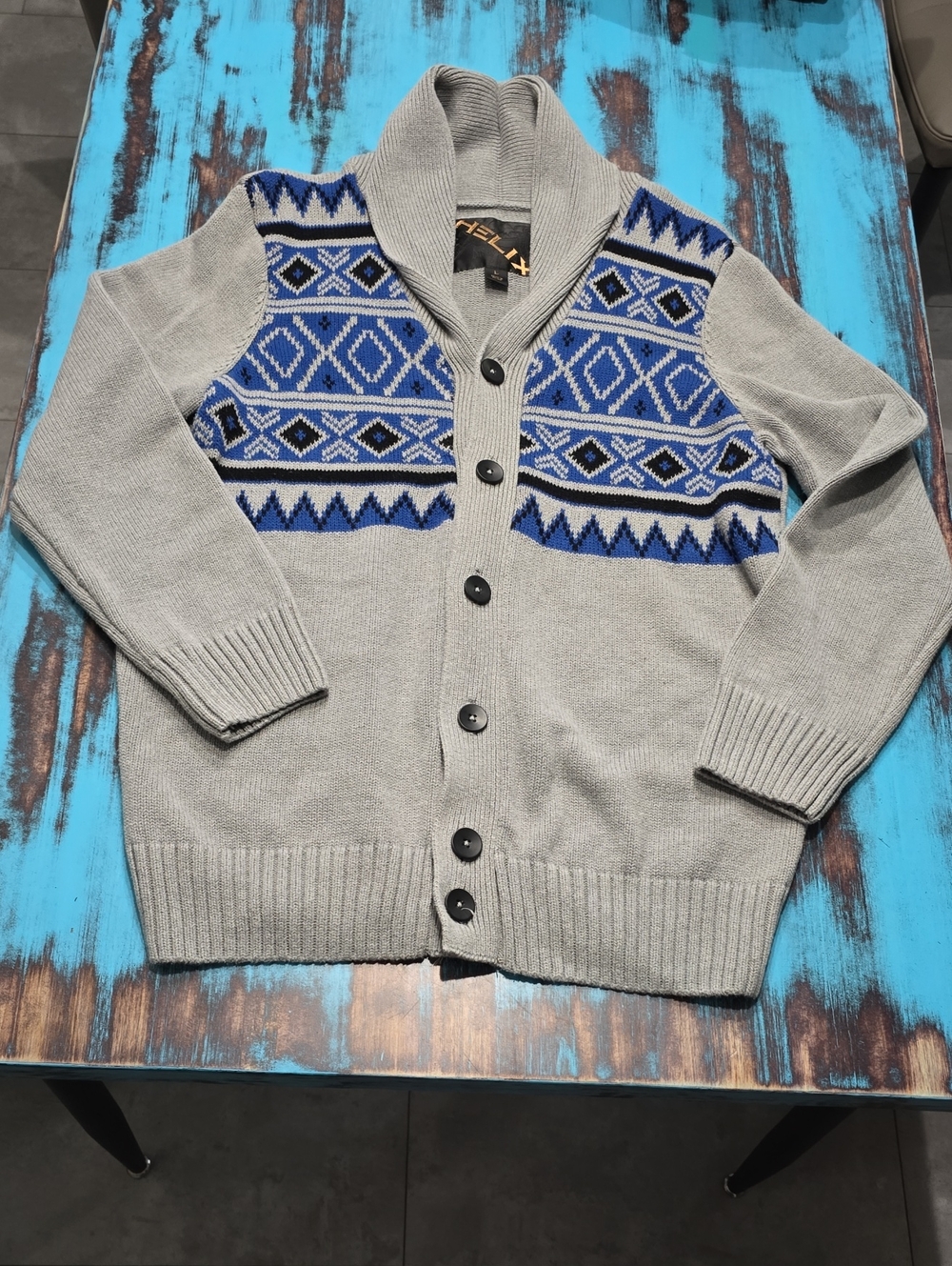 Helix Gray Cardigan Sweater with Blue Pattern
